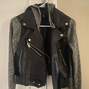Black, faux leather jacket with hood. Size small